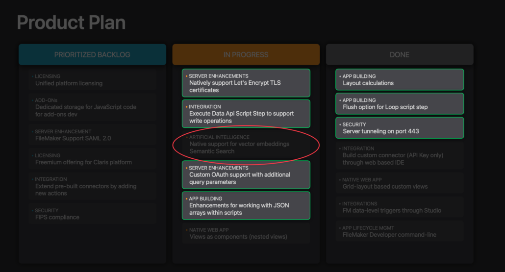  Product roadmap plan from Claris Engage 2024 Keynote slide