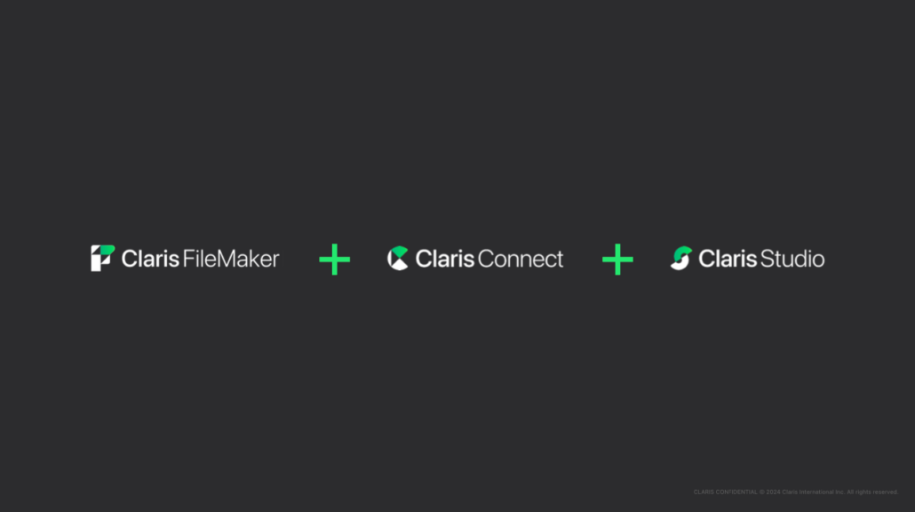 Claris FileMaker + ClarisConnect + ClarisStudio. The Claris Platform in three dimensions from Claris 2024 Engage Keynote slide