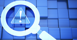 A mangnifying glass hovering an error symbol on a blue background.